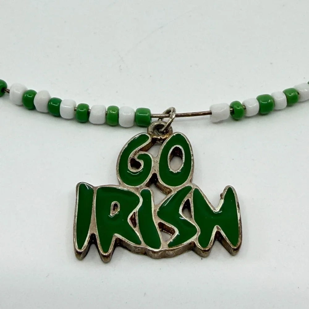 Green White Beaded Go Irish Pendant Wire Choker Necklace St Patrick's Day Gift